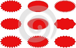 Starburst red sticker set - collection of special offer sale oval and round shaped sunburst labels and badges. Vector.