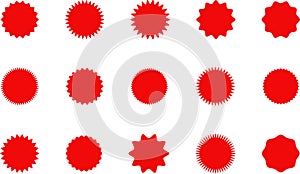 Starburst red sticker set - collection of special offer sale oval and round shaped sunburst labels and badges. Vector.