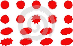 Starburst red sticker set - collection of special offer sale oval and round shaped sunburst labels and badges. Vector.