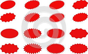 Starburst red sticker set - collection of special offer sale oval and round shaped sunburst labels and badges. Vector.