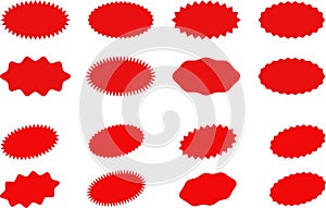 Starburst red sticker set - collection of special offer sale oval and round shaped sunburst labels and badges. Vector.