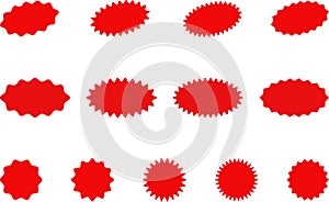 Starburst red sticker set - collection of special offer sale oval and round shaped sunburst labels and badges. Vector.