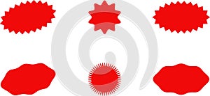 Starburst red sticker set - collection of special offer sale oval and round shaped sunburst labels and badges. Vector.