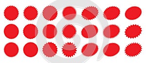 Starburst red sticker set - collection of special offer sale round and oval badges with star edges for promo advertising.