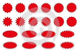 Starburst red sticker set - collection of special offer sale round and oval sunburst labels and buttons isolated on white.