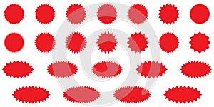 Starburst red sticker set - collection of special offer sale round and oval sunburst labels and buttons isolated.