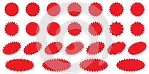 Starburst red sticker set - collection of special offer sale round and oval sunburst labels and buttons isolated on white.