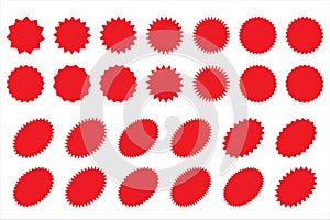 Starburst red sticker set, collection of special offer sale round and oval sunburst labels and buttons for promo advertising.