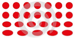 Starburst red sticker set - collection of special offer sale round and oval sunburst labels for promo advertising.