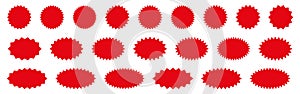 Starburst red sticker set - collection of special offer sale round and oval sunburst labels. Stickers and badges with star edges.