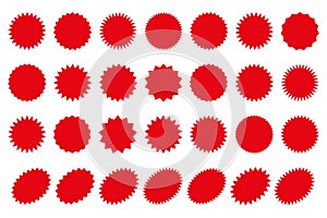 Starburst red sticker set - collection of special offer sale sunburst. Stickers and badges with star edges for promo advertising.