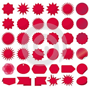 Starburst seals set, Bursting rays clip art. Red sparkles. Sale sticker. Vector