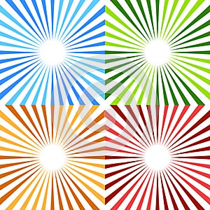 Starburst, sunburst circular pattern in 4 color. Colorful rays,