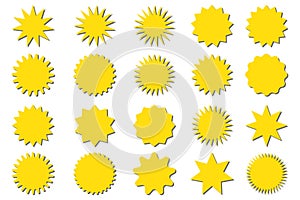 Starburst yellow sticker set - collection of special offer sale round shaped sunburst labels and badges isolated.