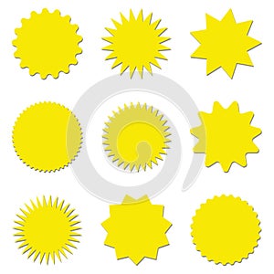 Starburst yellow sticker set - collection of special offer sale round shaped sunburst labels and badges.