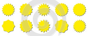 Starburst yellow sticker set - collection of special offer sale round shaped sunburst labels and badges isolated on white.