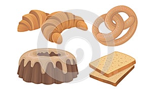 Starchy Foods or Baked Goods with Croissant and Bread Slices Vector Set