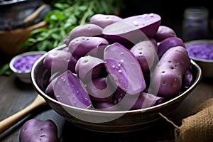 Starchy Purple sweet potatoes pile food. Generate Ai photo