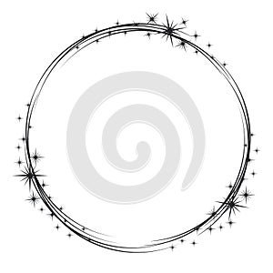 Stardust frame. Shiny star circle frame, starry glitter stamp and round magic twinkle stars trace. Shine stardust swirl, shining