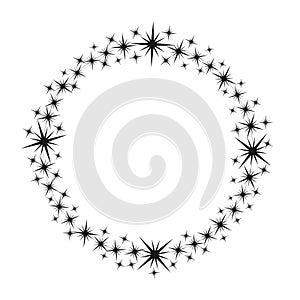 Stardust frame. Shiny star circle frame, starry glitter stamp and round magic twinkle stars trace. Shine stardust swirl, shining