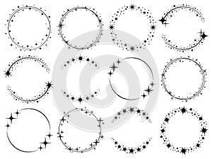 Stardust frames. Shiny star circle frame, starry glitter stamp and round magic twinkle stars trace isolated vector set