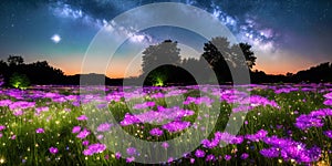 Stardust Meadow. At twilight, a meadow blooms with luminescent flowers. photo