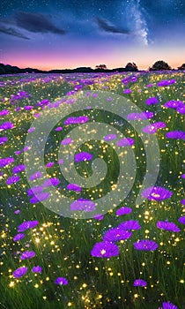 Stardust Meadow. At twilight, a meadow blooms with luminescent flowers. photo