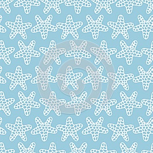 Starfish. Abstract background. Seamless vector pattern. Inhabitant of the ocean. Outline on an isolated gently blue background.