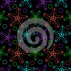 Starfish on a black background - vector seamless marine pattern. Linear neon starfish of different colors - seamless pattern.