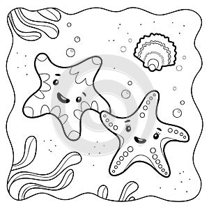 Starfish black and white. Coloring book or Coloring page for kids. Marine background