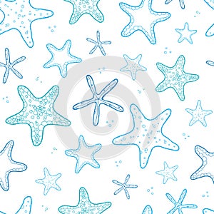 Starfish blue line art seamless pattern background