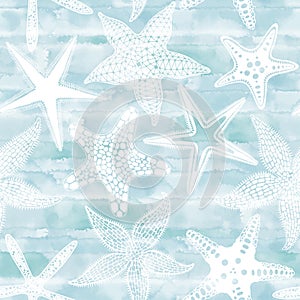 Starfish on blue watercolor background. Seamless vector pattern. Perfect for wallpaper, wrapping, fabric and textile