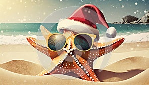 starfish with christmas hat and sunglasses on the beach