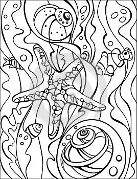 Starfish, Coral reef and seashells coloring page. Sketch of ornaments for creativity of children and adults. Original coloring