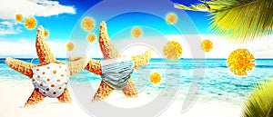 Starfish with corona virus masks on vacation