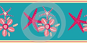 Starfish and cowrie shell vector border. Luxurious pink and aqua blue banner with gold edging. Hand drawn trio of marine