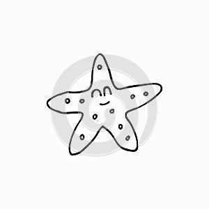 Starfish in doodle style, coloring. Hand drawn starfish in black outline on white background. Sea star, seabed,