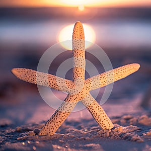 Starfish on the ocean beach. Spring or summer vacations. Beautiful ocean sunset. Sea or Ocean coast with white sand. Florida parad