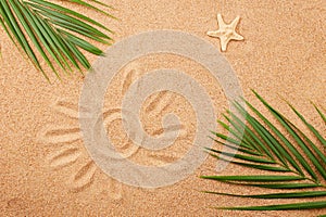 A starfish, palm leaves and a drawing of the sun on the sand on the beach.