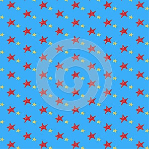 Starfish Pattern, funny colorful starfishes on blue background. Red and yellow starfish pattern illustration background.