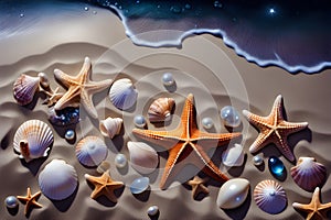 starfish, and pebbles, delicately resting on the sandy sea shore generated by Ai