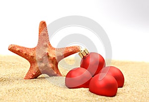 Starfish with red Christmas on sandy beach