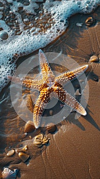 Starfish Resting on Sandy Beach by Ocean