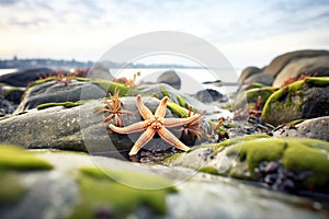 starfish on rocky shore with seaweed