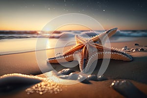 Starfish on sand beach and wave ocean with sunset sky background. Generative ai