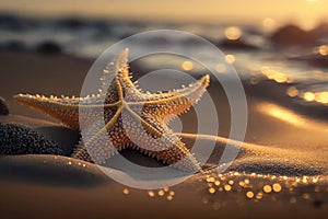 Starfish on sand beach and wave ocean with sunset sky background. Generative ai