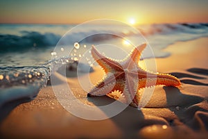 Starfish on sand beach and wave ocean with sunset sky background. Generative ai