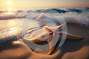 Starfish on sand beach and wave ocean with sunset sky background. Generative ai