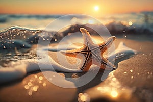 Starfish on sand beach and wave ocean with sunset sky background. Generative ai