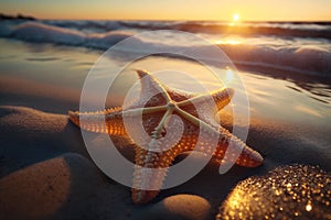 Starfish on sand beach and wave ocean with sunset sky background. Generative ai